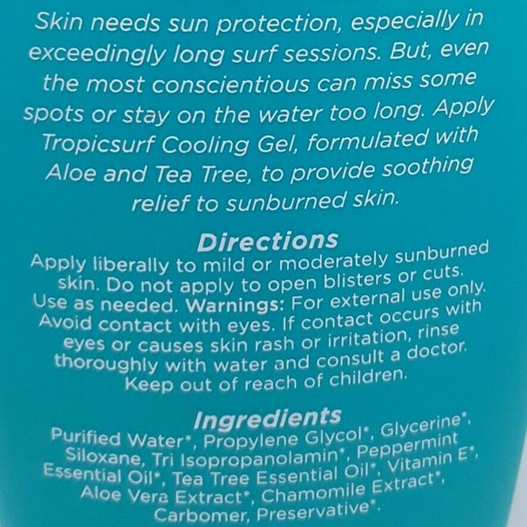 TropicSport Cooling Gel 6.5oz Surf Surfing Aloe & Tea Tree - Picture 3 of 3